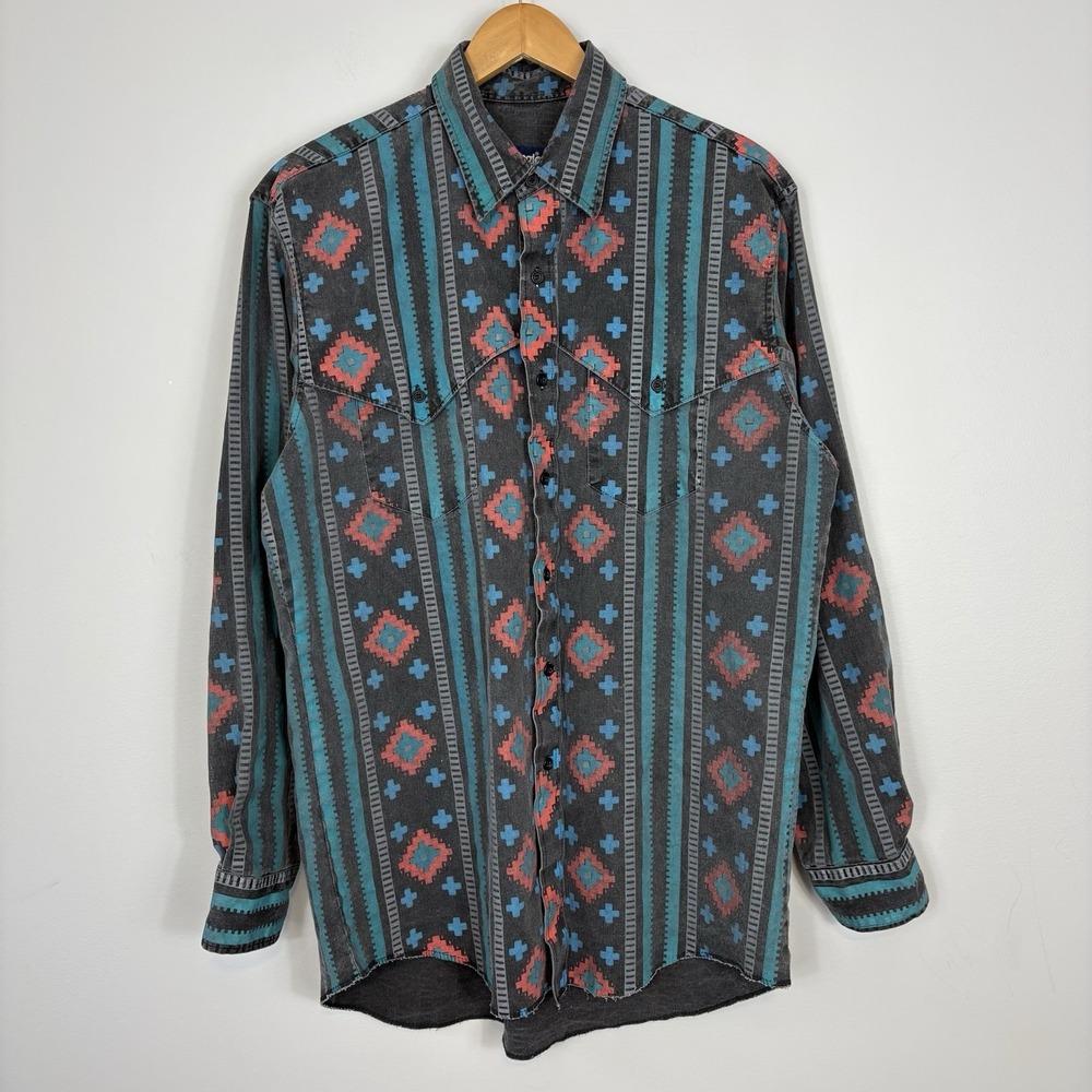 Vtg 90s Wrangler Brushpopper Western Shirt Mens L/XL 16.5-35 Southwest Caped